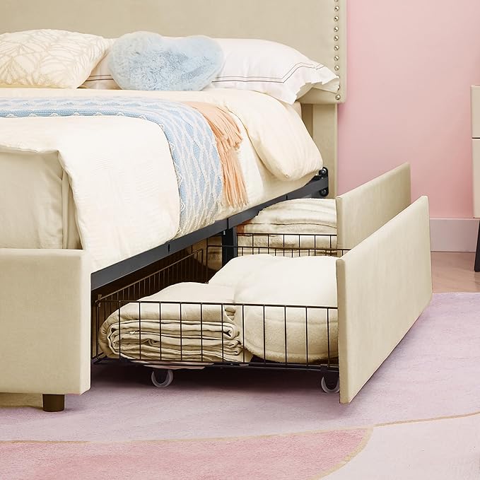 VECELO Queen Bed Frame, Platform Bed Frame with Underbed Storage Drawers and Adjustable Height Upholstered Headboard, Heavy-Duty Frame and Strong Wooden Slats Support, Noise-Free, Easy Assembly, Beige