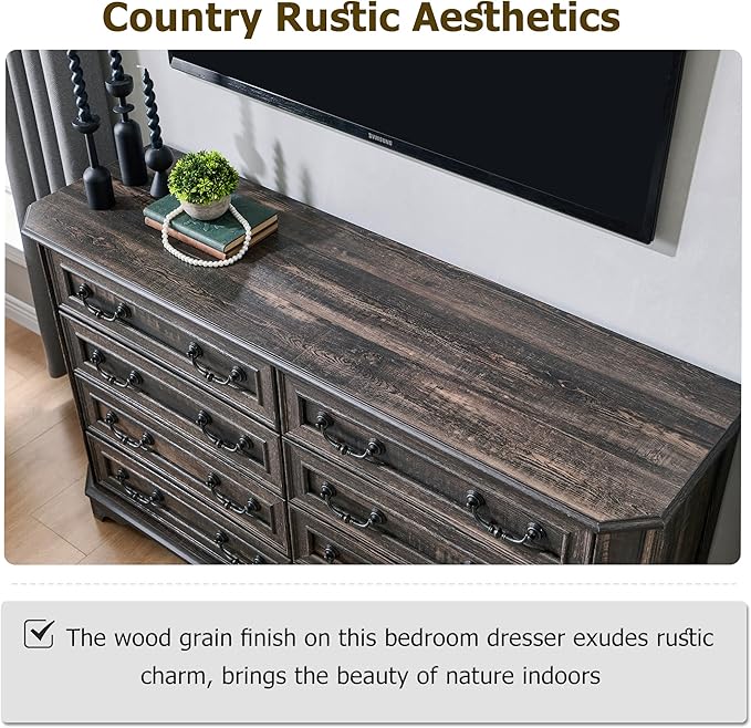 T4TREAM Farmhouse 8 Drawers Dresser for Bedroom, 54" Wide Wood Rustic Chest of Drawers with Natural Texture, Vintage Design, Storage Dressers Organizer for Bedroom, Living Room, Dark Rustic Oak