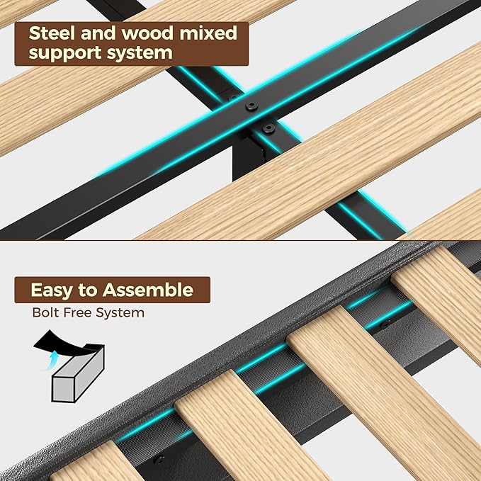 Rolanstar Queen Size Bed Frame, Storage Headboard with Charging Station and LED Lights, Upholstered Bed with Heavy Duty Wood Slats, No Box Spring Needed, Noise Free, Easy Assembly, Black