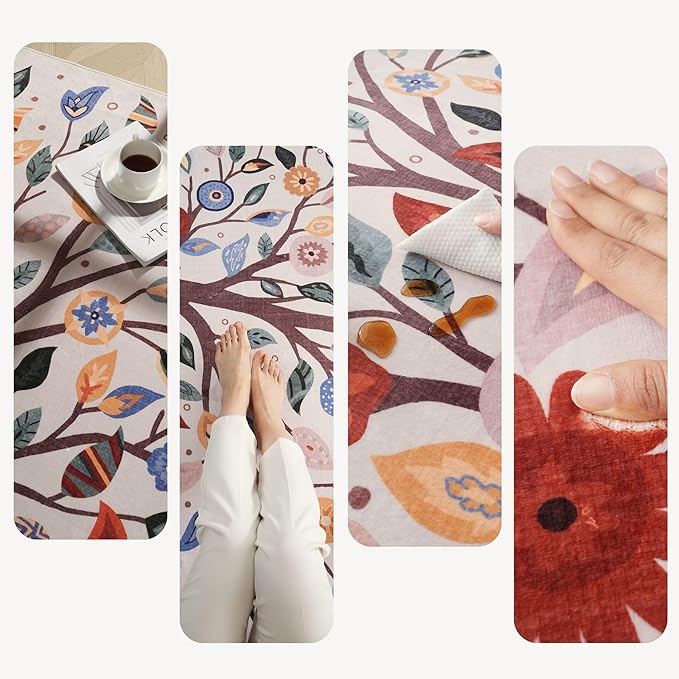 Runner Rug for Kitchen Rug Non Slip 2'x6' Washable Rugs Floral Tree with Rubber Backing Bohemian Soft Carpet Runner for Kitchen, Laundry, Bedroom, Bathroom, Beige