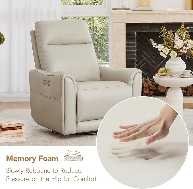 Watson & Whitely Genuine Leather Power Recliner Chairs for Adults, Swivel Glider Recliner Chair for Living Room with Charging Ports, Light Grey