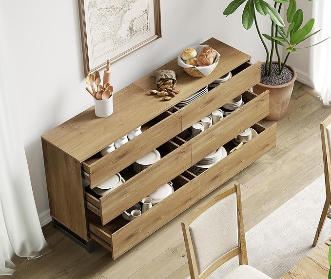 WAMPAT Modern TV Stand for TVs up to 70 inch, Entertainment Center TV Console Table with 6 Drawers and Metal Base, Media Console for Living Room, Bedroom, Oak