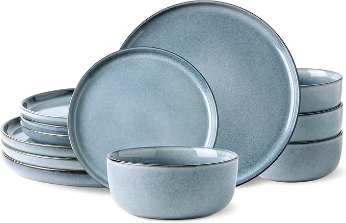 AmorArc Stoneware Dinnerware Sets for 4,Round Reactive Glaze Ceramic Plates and Bowls Set,Highly Scratch Resistant | Dishwasher & Microwave Safe Dishes Set,Service for 4 (12pc)