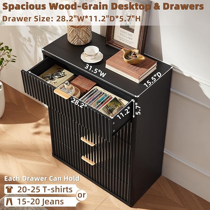 LEYAOYAO Fluted 5 Drawers Dresser for Bedroom, 41" Tall Modern Chest of Drawers with Metal Handle, Curved Profile Design,Black Wood Drawer Organizer for Bedroom, Living Room, Hallway, Entryway