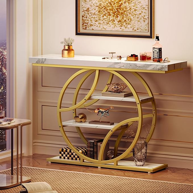Huuger 47.2 Inch Entryway Table with Marble Top, Modern Console Sofa Table, Accent Table with Shelves, for Entry, Hallway, Entrance, Foyer, O-Shaped Metal Frame, White Marble & Gold