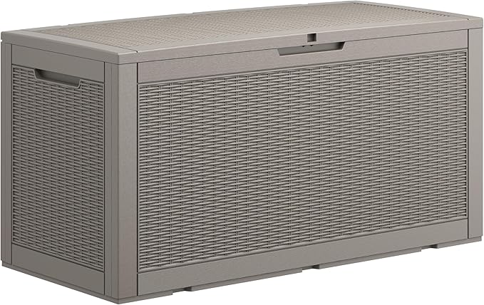 100 Gallon Resin Outdoor Storage Box,Waterproof Deck Box Lockable for Patio Furniture Cushions, Garden Tools, Heavy-Duty Double-Wall Structure with Gas Lift and Reinforced Seat Lid, Grey