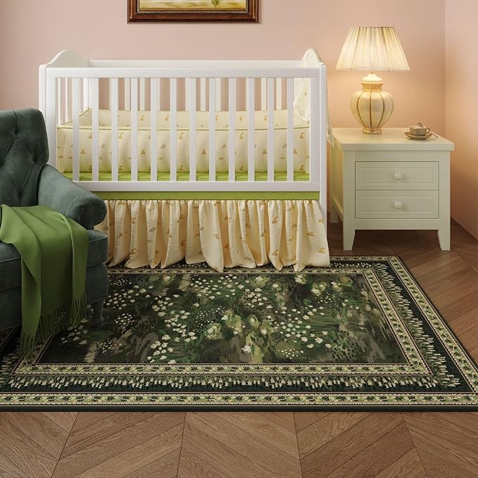 4x6 Rug for Bedroom Impressionist-Style Vintage Washable Rugs Non Slip Low Pile Small Carpet for Bedside Kids Room Office Dining Room, Green