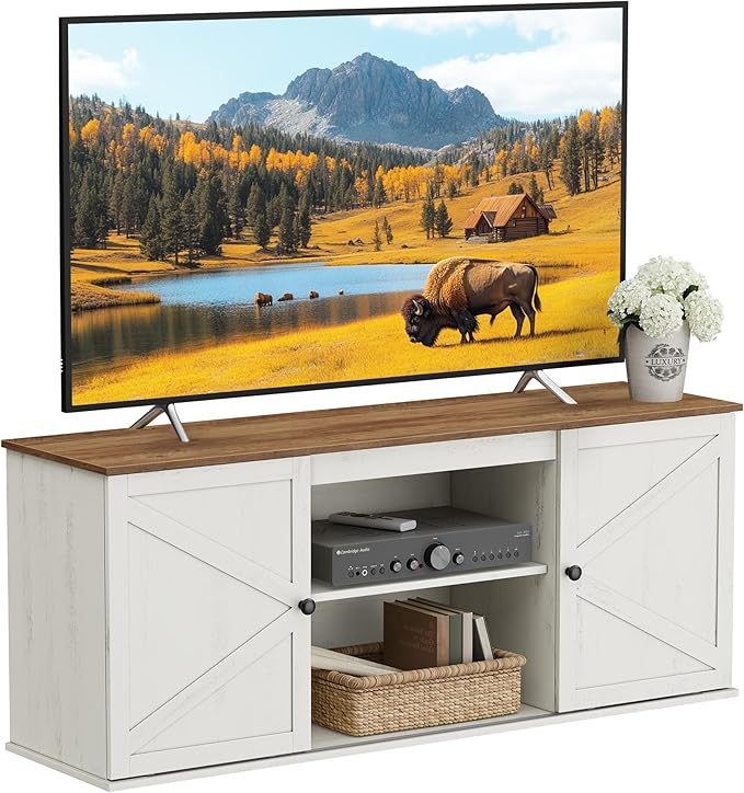 VASAGLE Farmhouse TV Stand for TVs up to 65 Inches, Entertainment Center with Storage Cabinets and Sliding Barn Doors, Media Console Table for Living Room, Rustic White and Honey Brown ULTV535W01