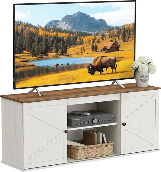 VASAGLE Farmhouse TV Stand for TVs up to 65 Inches, Entertainment Center with Storage Cabinets and Sliding Barn Doors, Media Console Table for Living Room, Rustic White and Honey Brown ULTV535W01