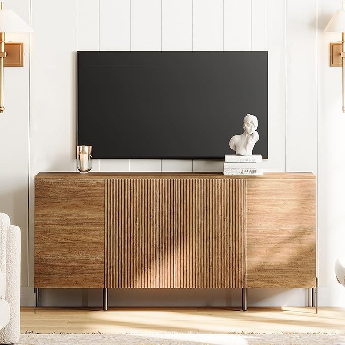 WAMPAT 61.6" TV Stand Cabinets for TVs up to 75 Inches, Entertainment Center with Storage Cabinets and 4 Doors, Mid Century Modern Media TV Console Table for Living Room Bedroom, Brown
