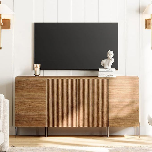 WAMPAT 61.6" TV Stand Cabinets for TVs up to 75 Inches, Entertainment Center with Storage Cabinets and 4 Doors, Mid Century Modern Media TV Console Table for Living Room Bedroom, Brown