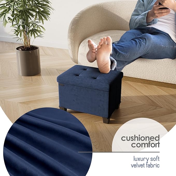 STORAGEBUD Storage Ottoman Cube with Small Bin, 16-in Square Ottoman with Storage for Living Room and Bedroom, Small Ottomans Foot Rest, Velvet Foot Stools Ottomans Max 330lbs, Blue