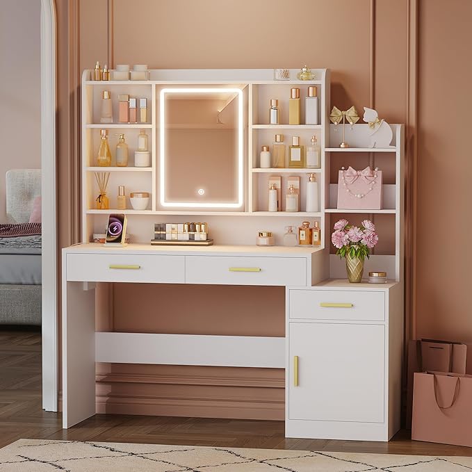 39.3'' Vanity Desk with HD Mirror and Lights, Makeup Vanity with Power Strip, DressingTable with Bedside Table, 3 Drawers and 9 Storage Shelves, Storage Behind The Mirror, White