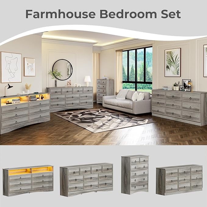 Grey 6 Drawer Dresser for Bedroom with LED Lights and Charging Station, Wood 6 Chest Drawers, Large Storage for Clothes, for Living Room, Bedroom, Hallway, Taupe Grey