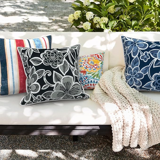 Outdoor Throw Pillow Covers Pack of 2, Decorative Water Repellent Square Pillow Cases 18x18 Inch, Patio Pillowcases for Home Patio Furniture Use, Flower Black