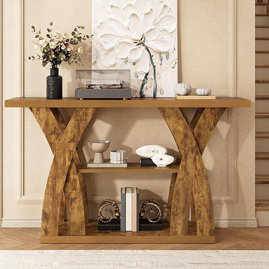 Farmhouse Console Tables, 55-Inches Narrow Console Tables 3-Tier Rustic Wood Sofa Behind The Couch Table Entryway Table for Living Room, Bedroom, Home Office (Tiger Brown)