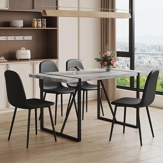 Dining Table Chairs Set for 4, Modern Rectangular Dining Room Table Set Upholstered Dining Chairs 55" Dinner Table Set for Kitchen (Grey Table & Black2 Chairs, 55 inch Table + 4 Chairs)
