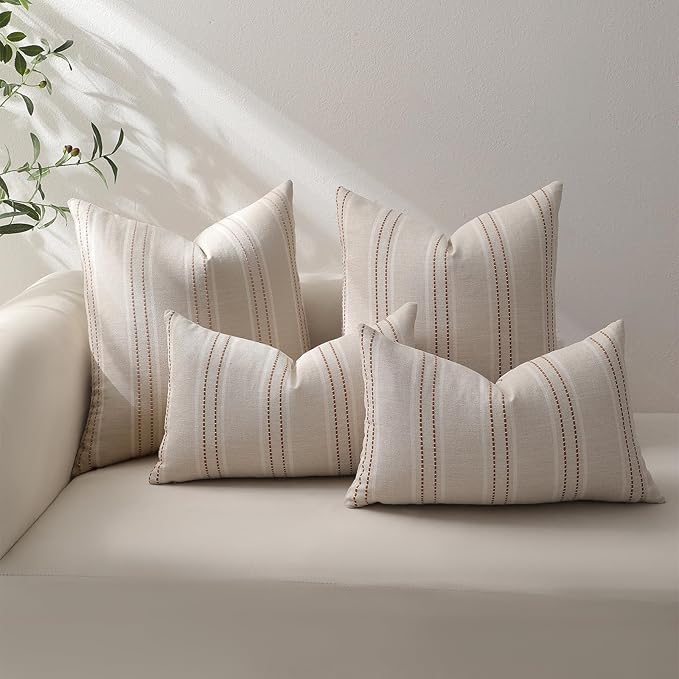 Hckot Fall Throw Pillow Covers 16x16 Set of 2 Striped Pillow Covers Textured Linen Decorative Pillows Square Cushion Covers for Sofa Couch Bed Living Room Farmhouse Decor(Rust)