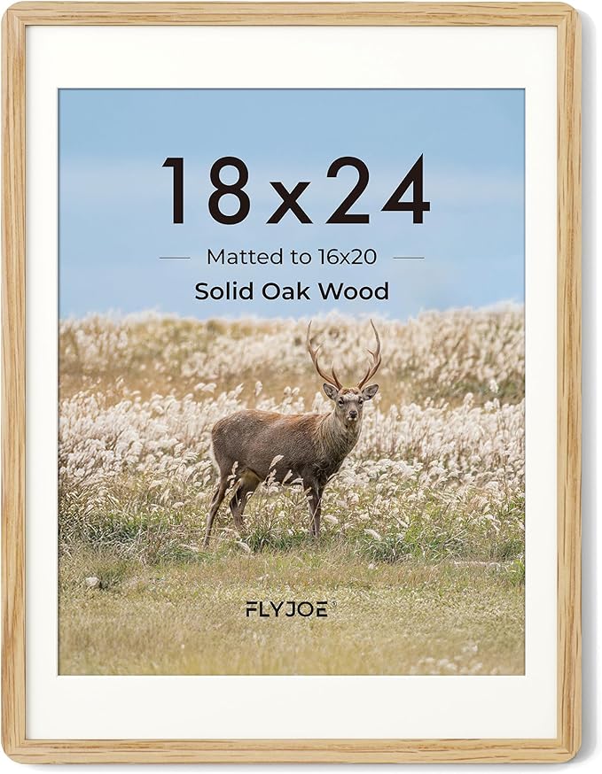18 x 24 Poster Frame - Solid Oak Wood 24x18 Frame, 18 x 24 Picture Frame With Mat For 16x20, Tempered Glass and Hanging Hardware Included, Puzzle Frame 18''x24'' Wood, Natural Oak
