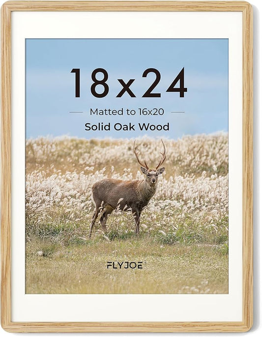 18 x 24 Poster Frame - Solid Oak Wood 24x18 Frame, 18 x 24 Picture Frame With Mat For 16x20, Tempered Glass and Hanging Hardware Included, Puzzle Frame 18''x24'' Wood, Natural Oak