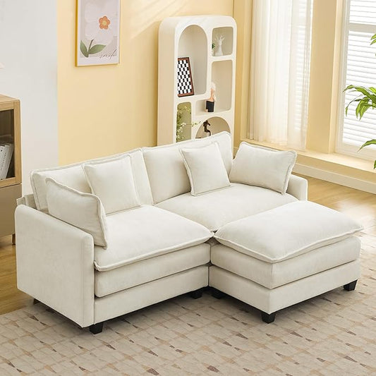 76'' Cloud Deep Seat Loveseat Sofa, Upholstered Chenille Modular 3-Seats Sectional Sofa Couch with Movable Ottoman, Modern Comfy Settee Loveseat for Living Room Set, Small Apartment, Beige