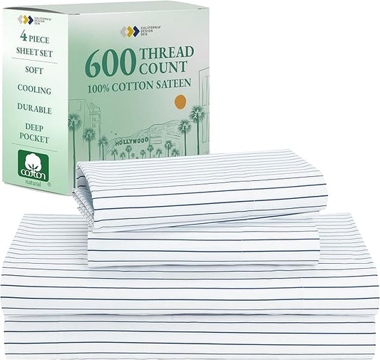 California Design Den Printed Striped Cal King Sheet Set - Luxury 600 Thread Count, 100% Cotton Sateen, Hotel Quality Deep Pocket California King Sheets - Classic Blue Stripe Print