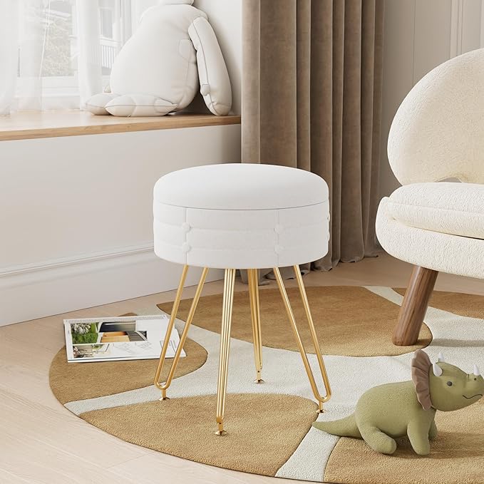 VECELO Round Vevlet Vanity Stool with Storage, 4 Metal Legs Vanity Seat with Anti-Slip Feet, Modern Vanity Chairs Footrest Furry Padded Seat, Space Saving, Easy to Clean for Makeup, Bedroom, White