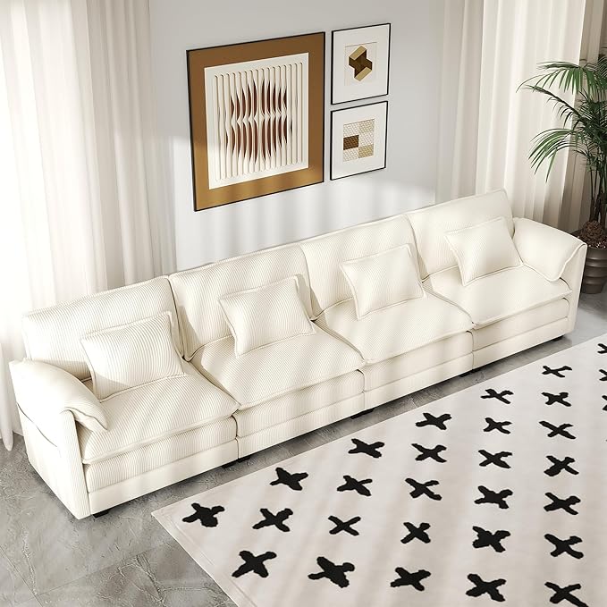 Real Relax 145'' Modular Sectional Sofa, 4 Seat Corduroy Convertible Couch with 8 Pillows and 2 Armrest Pillows for Living Room, Office and Leisure Places, Beige