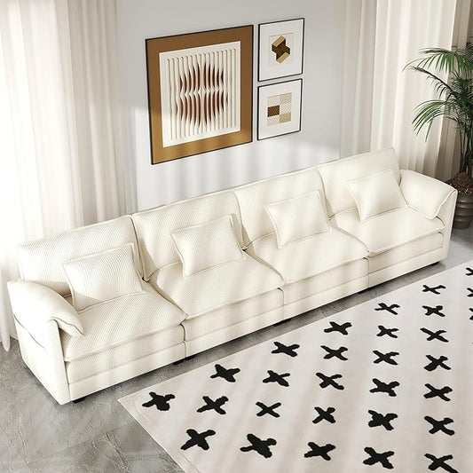 Real Relax 145'' Modular Sectional Sofa, 4 Seat Corduroy Convertible Couch with 8 Pillows and 2 Armrest Pillows for Living Room, Office and Leisure Places, Beige