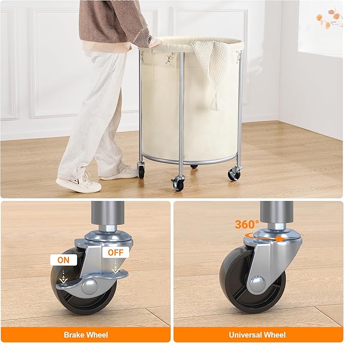 ELYKEN Laundry Basket with Wheels, 170L Rolling Laundry Hamper with Removable Bag and Steel Frame, Round Laundry Cart with 4 Casters and 2 Brakes, Ideal for Bedroom, Bathroom, Laundry Room, Cream