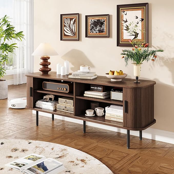 55" Mid Century Modern Fluted TV Stand for TVs up to 65 Inch, Gaming Entertainment Center with Tambour Slatted Sliding Doors, Media TV Consoles Table for Living Room, Walnut