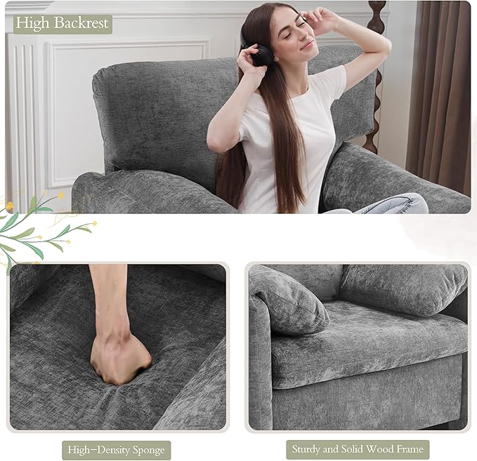 39" Modern Chenille Oversized Armchair, Wide Accent Chair, Mid Century Single Sofa Chairs, Comfy Upholstered Reading Chair for Living Room, Bedroom, and Apartment (Grey)