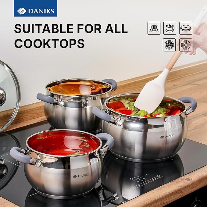 Daniks Modern Stainless Steel Stock Pot with Glass Lid – Induction 3 Quart, Dishwasher Safe, Heatproof Handles, For Soup, Pasta, Stew, Silver