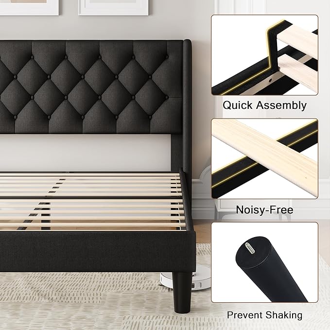 Queen Size Upholstered Bed Frame with Wingback Headboard, Fabric Linen Platform Bed, 8" Under Bed Storage, Wooden and Metal Slats Support, No Box Spring Needed, Black