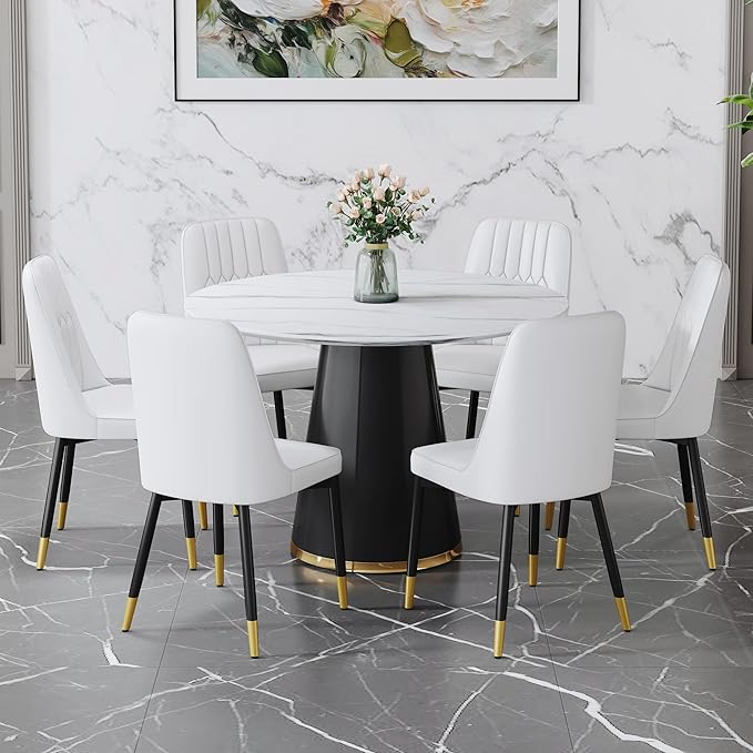 45 Inch Round Dining Table Set for 6, 7 Piece Kitchen Table and Chairs Set, White Faux Marble Table Top, Small Space Dining Set for Apartment or Dining Room