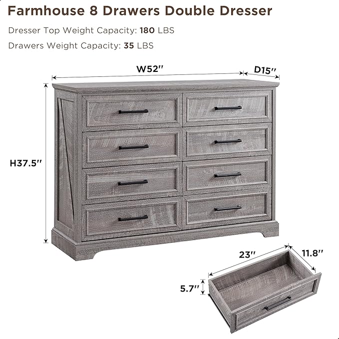 Farmhouse 8 Drawers Dresser Chests for Bedroom,52" Wide Wood Rustic Chest of Drawers with Metal Handle,Natural Texture,Drawer Organizer for Bedroom,Living Room,Hallway and Entryway,Grey