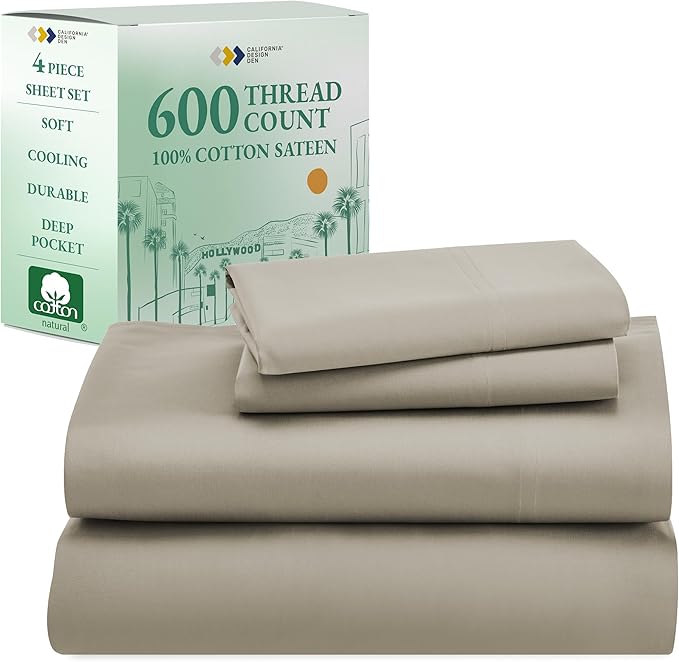 California Design Den - Luxury Full Size Sheet Set - 100% Cotton, 600 Thread Count Deep Pocket Full Size Bed Sheets, Hotel-Quality Cooling Sheets with Sateen Weave (Cool Taupe)