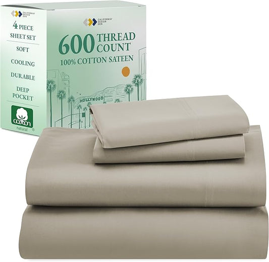 California Design Den - Luxury Full Size Sheet Set - 100% Cotton, 600 Thread Count Deep Pocket Full Size Bed Sheets, Hotel-Quality Cooling Sheets with Sateen Weave (Cool Taupe)