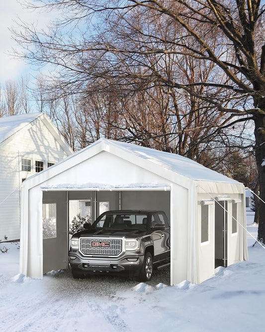 10X20 Ft Carport, Portable Carport with 4 Roll-Up Windows,Doors,Car Port with 200g PE Tarp for Car Boat Truck Motorcycle, Waterproof & UV Protected, Anti-Snow Portable Garage Kit Tent