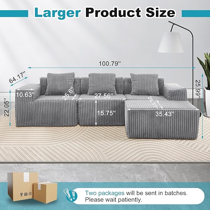 Sectional Couches for Living Room 125" L Shaped Cloud Couch Modern Modular Sectional Sofa Bad, Boneless Couch Oversized with Deep Seat, No Assembly Required, Light Gray