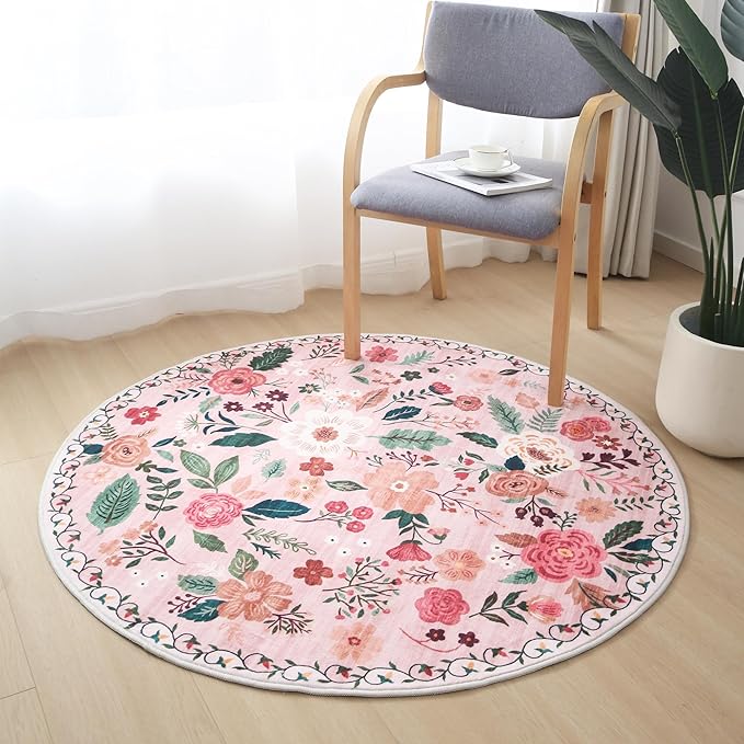 Round Rug 4ft Washable Circle Rug Non Slip Low Pile Boho Floral Small Circular Rug for Bedroom, Bathroom, Entryway, Kids Room, Office, College Dorm(Pink)