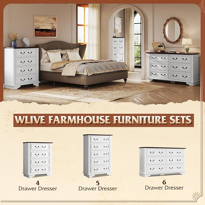 WLIVE Farmhouse Dresser for Bedroom, Tall Wood Dresser with 4 Drawers, Chest of Drawers with Roman Metal Handle for Living Room, Hallway, Closet, White
