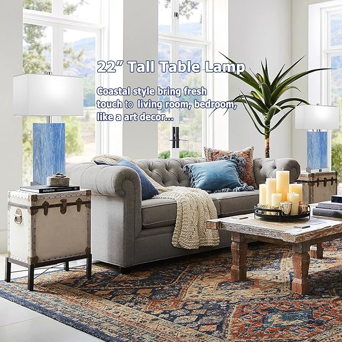 24” Tall Touch Control Table Lamps Set of 2, Blue Navy Lamps w/ USB& Type C Ports, Dimmable Coastal Bedside Nightstand Lamp White Shade, Large Lamps for Living Room End table Bedroom (Bulbs Included)