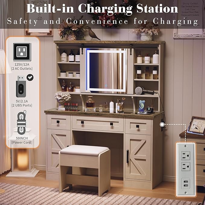 Farmhouse Makeup Vanity Desk with Sliding Mirror and Lights, 47'' Glass Tabletop Vanity Table with Charging Station, Large Vanity Set with Drawers, Stool, Barn Door Dressing Cabinets, White