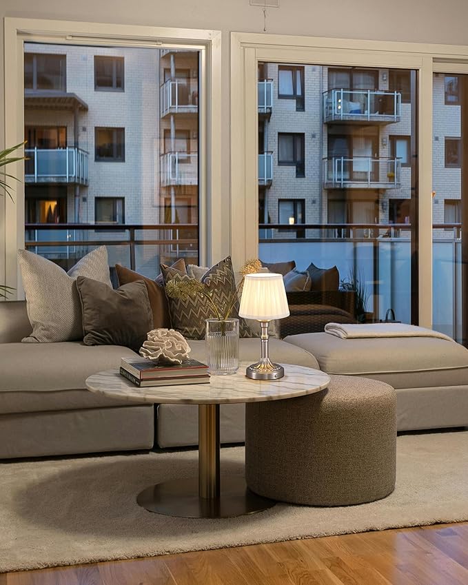 KDG Cordless Portables Table Lamp Set of 2, LED Fabric Shade Small Desk Lamps, 5000mAh Battery Powered Lighting, 2700K Stepless Dimmable Light for Living Room, Dining Room, Bedroom, Bedside (Nickel)