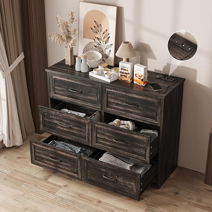 Fameill Dresser for Bedroom, 6 Drawer Wide Dressers Organizer with Charging Station for Hallway with Metal Handles, Dark Brown