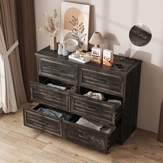 Fameill Dresser for Bedroom, 6 Drawer Wide Dressers Organizer with Charging Station for Hallway with Metal Handles, Dark Brown