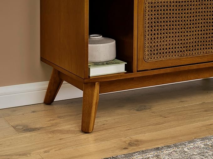 68 Inch Mid Century Modern TV Stand with Rattan Doors, MCM Entertainment Center Media Console for 60/65/70/75 inch TVs, Long Boho Television Stand for Living Room, Light Walnut