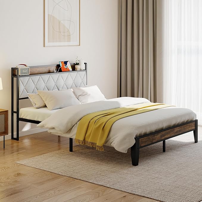 Sweetcrispy Queen Bed Frame with Headboard,Spacious Underbed Storage,Integrated Charging Station,Durable Squeak-Free Frame,Simple No-Tool Assembly,Works with Queen Mattress No Box Spring Required