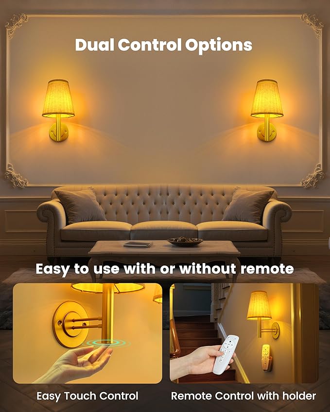 Battery Operated Wall Sconces Lights Decor for Bedroom Set of 2, Wireless Rechargeable LED Wall Lamp with Remote & Touch Control, Wall Mount Lighting Fixture for Living Room, Satin Gold